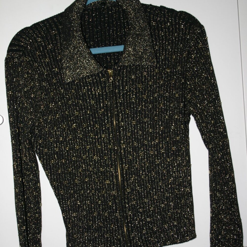 SEMI-SHEER GLAMOUR SWEATER IN BROWN W/BRONZE BEADING COLLAR + LONG SLEEVES M
